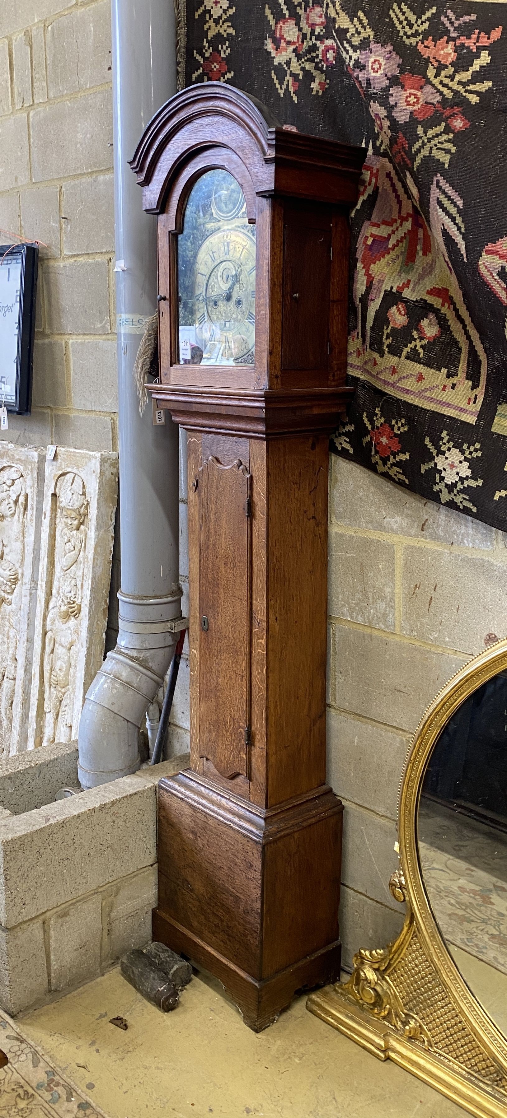 A late 18th century oak 8 day longcase clock, height 212cm